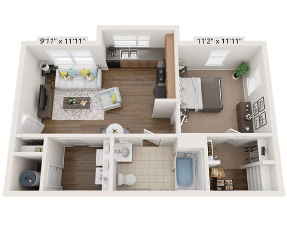 3D Floorplan of 1 bedroom 1 bathroom garden apartment, Beecher Terrace Apartments, Louisville, KY