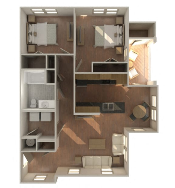 2 Bedroom 1 Bathroom-B1 1-Furnished 3D Floorplan-The Lofts at Southside, Durham, NC