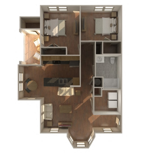 2 Bedroom 1 Bathroom-B1 2HC-Furnished 3D Floorplan-The Lofts at Southside, Durham, NC