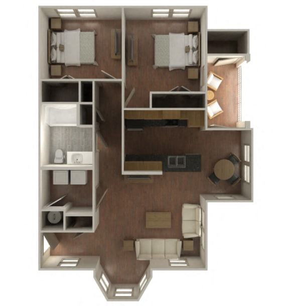 2 Bedroom 1 Bathroom-B1 2-Furnished 3D Floorplan-The Lofts at Southside, Durham, NC