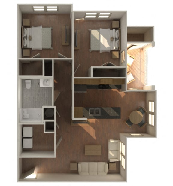 2 Bedroom 1 Bathroom-B1 3HC-Furnished 3D Floorplan-The Lofts at Southside, Durham, NC