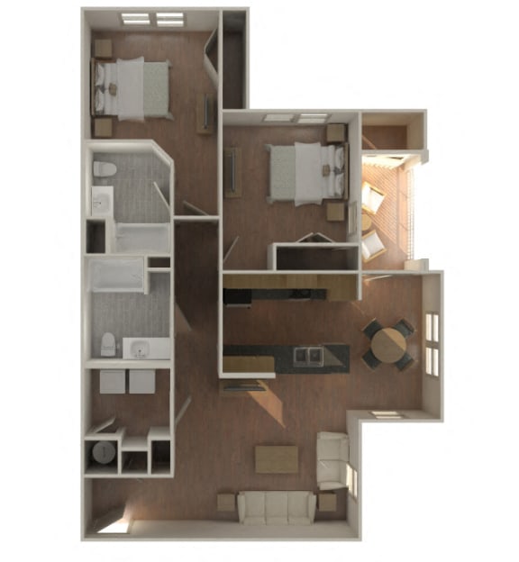 2 Bedroom 1 Bathroom-B1 4-Furnished 3D Floorplan-The Lofts at Southside, Durham, NC