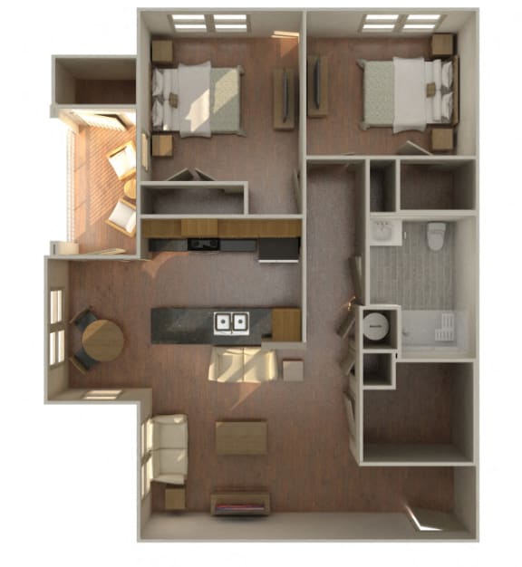 2 Bedroom 1 Bathroom-B1 HC-Furnished 3D Floorplan-The Lofts at Southside, Durham, NC