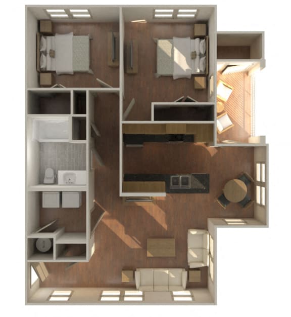 2 Bedroom 1 Bathroom-B1-Furnished 3D Floorplan-The Lofts at Southside, Durham, NC
