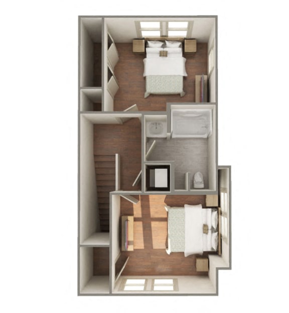 2 Bedroom 1 Bathroom B2 Style-Furnished 3D Floorplan-The Lofts at Southside, Durham, NC