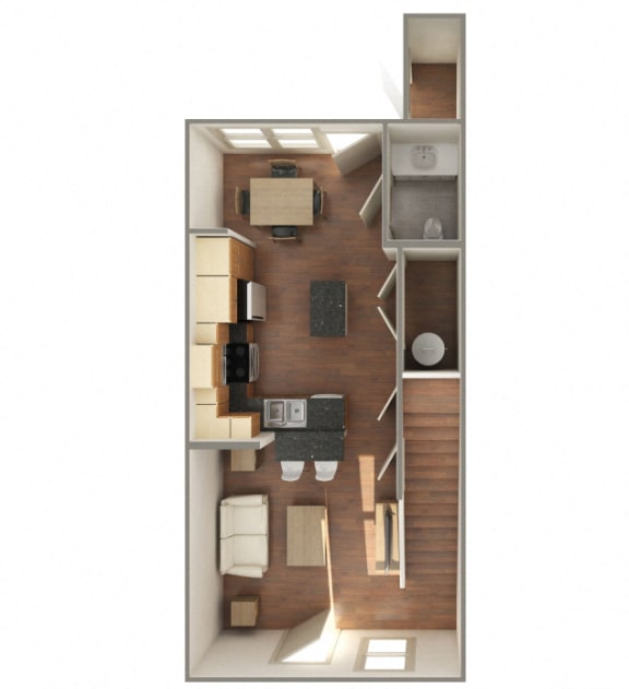 2 Bedroom 1 Bathroom-B2 1 Unit-Furnished 3D Floorplan-The Lofts at Southside, Durham, NC