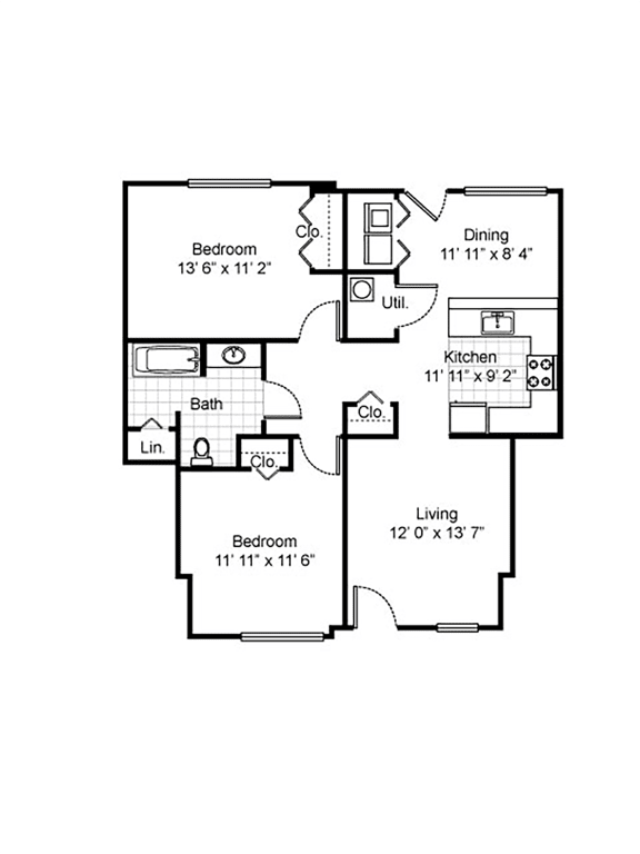 Type 2, 2 Bedroom 1 Bath 2D Floorplan at Tremonte Apartments