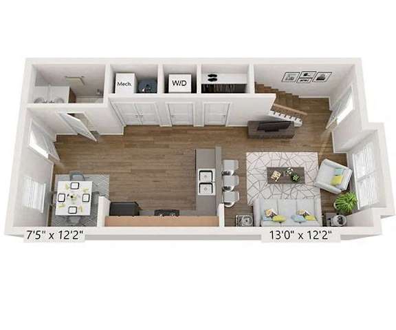 A floor plan of a small apartment with a kitchen, living room, and bathroom.