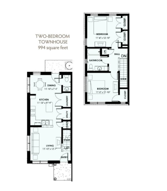 2 Bedroom 1.5 Bath Townhouse 2D Floorplan, West Park Apartments, Tulsa, OK