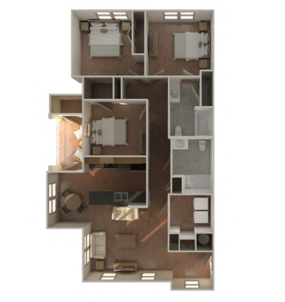 3 Bedroom 2 Bathroom-C1 HC Unit-Furnished 3D Floorplan-The Lofts at Southside, Durham, NC