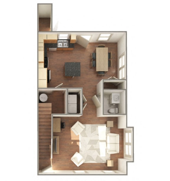 3 Bedroom 2 Bathroom-Downstairs-Furnished 3D Floorplan-The Lofts at Southside, Durham, NC