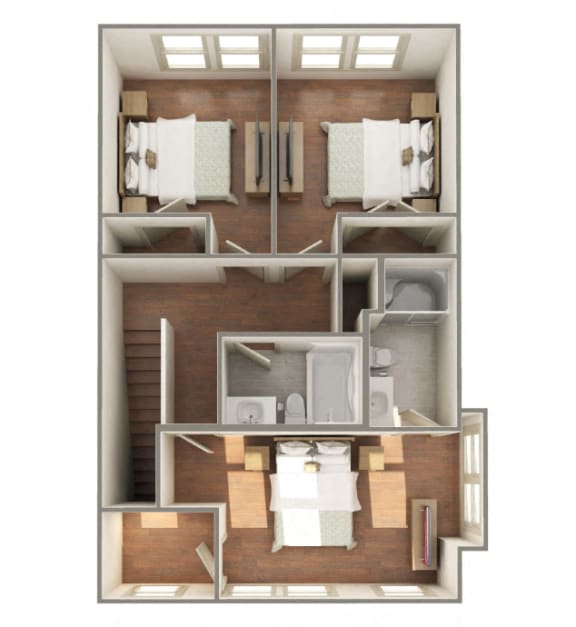 3 Bedroom 2 Bathroom-Upstairs-Furnished 3D Floorplan-The Lofts at Southside, Durham, NC