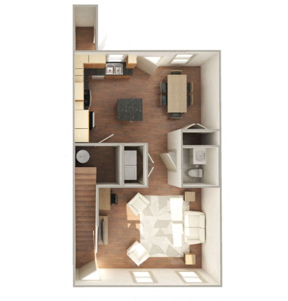 3 Bedroom 2 Bathroom-C2 1 Unit-Furnished 3D Floorplan-The Lofts at Southside, Durham, NC