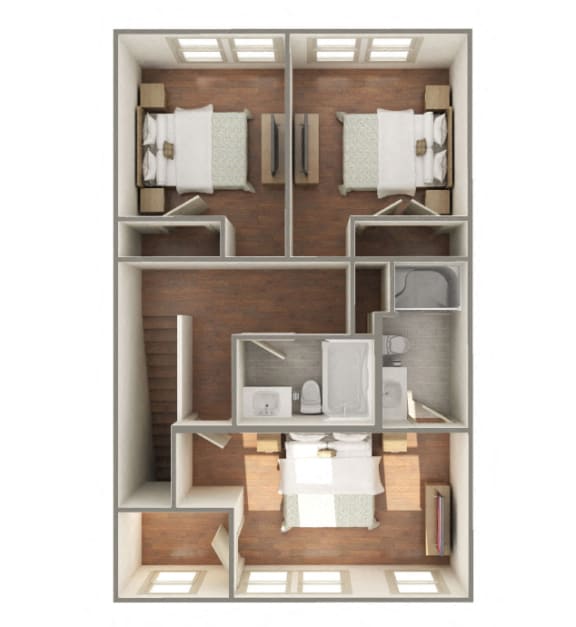 3 Bedroom 2 Bathroom-C2 2 Unit-Furnished 3D Floorplan-The Lofts at Southside, Durham, NC