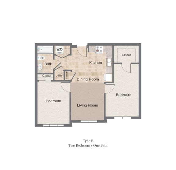 Two bedroom one bath 2D floor plan, City Square 162 Apartments, New Orleans, LA