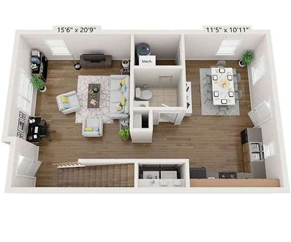 A floor plan of a house with a living room, kitchen, and two bedrooms.