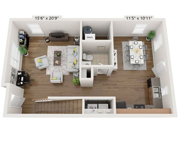 3D Floorplan of living and kitchen area of apartment, Beecher Terrace Apartments, Louisville, KY