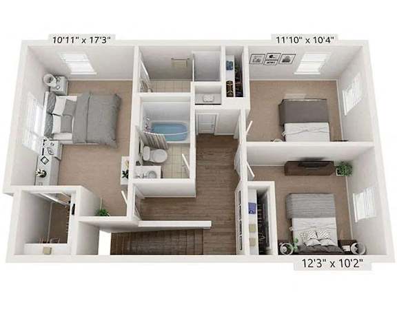 A diagram of a small apartment with three bedrooms and a living room.