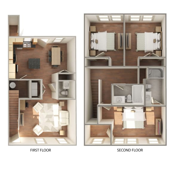 3D Floorplan of 3 Bedroom Townhouse at the Lofts at Southside
