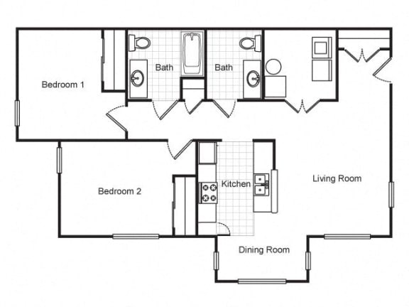 2 Bedroom 1.5 Bath 2D Floorplan-Metropolitan Village and Cumberland Manor Apartments, Little Rock, AR