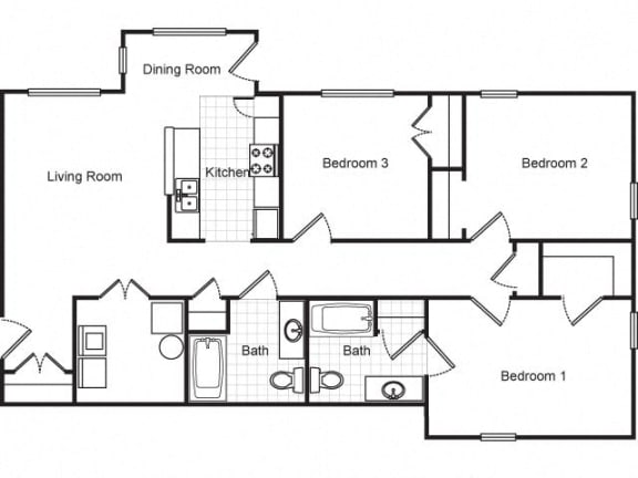 3 Bedroom 2 Bath 2D Floorplan-Metropolitan Village and Cumberland Manor Apartments, Little Rock, AR