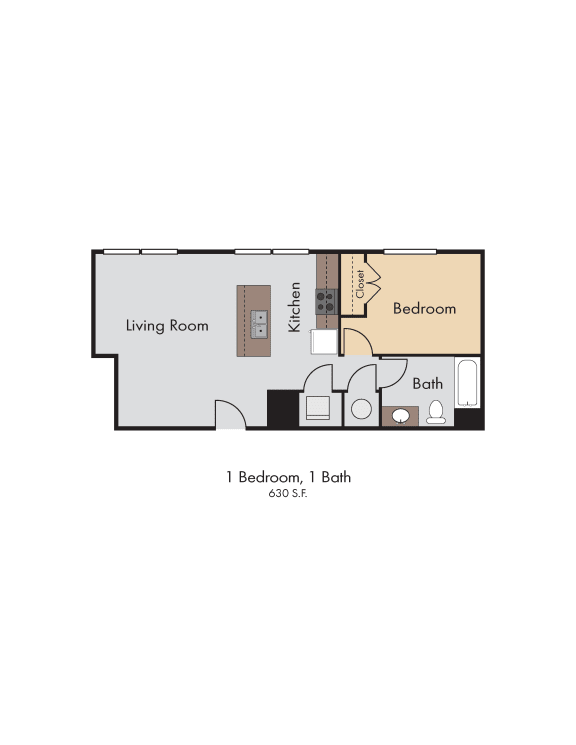 1 Bedroom 1 Bath 630 Square Feet 2D Floorplan - The Arts Lofts at Dayton Arcade, Dayton, OH