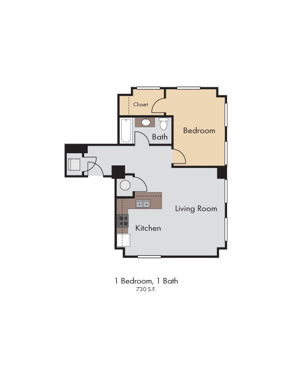 1 Bedroom 1 Bath 730 Square Feet 2D Floorplan - The Arts Lofts at Dayton Arcade, Dayton, OH