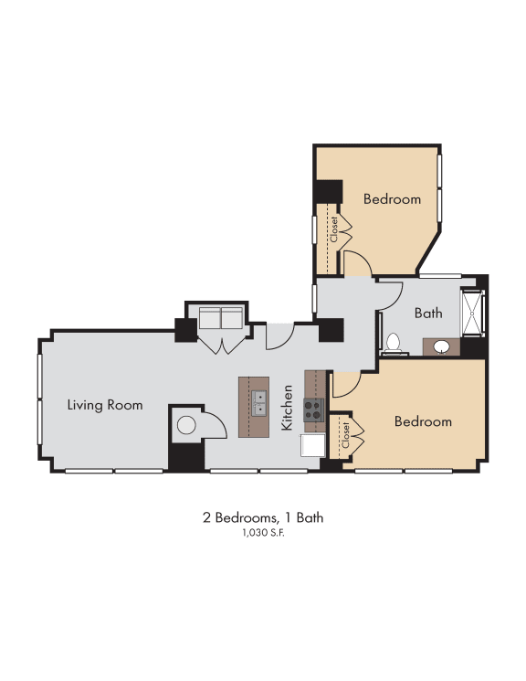 2 Bedroom 1 Bath 1030 Square Feet 2D Floorplan - The Arts Lofts at Dayton Arcade, Dayton, OH