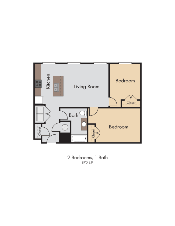 2 Bedroom 1 Bath 870 Square Feet 2D Floorplan - The Arts Lofts at Dayton Arcade, Dayton, OH
