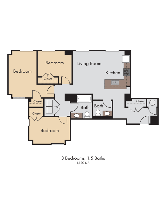 3 Bedroom 1.5 Bath 1120 Square Feet 2D Floorplan - The Arts Lofts at Dayton Arcade, Dayton, OH
