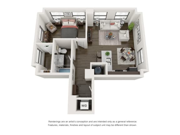 1 Bedroom 1 Bath 730 Square Feet 3D Floorplan - The Arts Lofts at Dayton Arcade, Dayton, OH