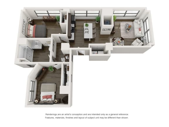 2 Bedroom 1 Bath 1030 Square Feet 3D Floorplan - The Arts Lofts at Dayton Arcade, Dayton, OH