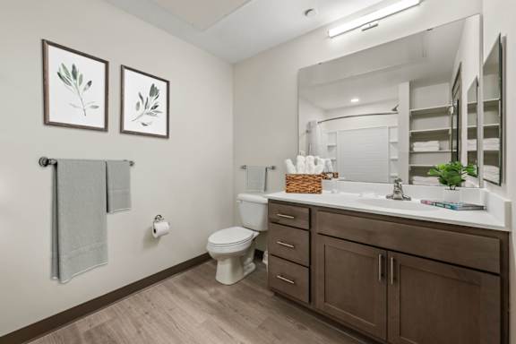A bathroom with a toilet, sink, and mirror.