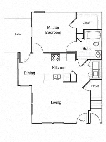 A floor plan of a house with a master bedroom, a kitchen, a living room, and a patio.
