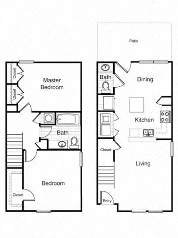 A floor plan of a two bedroom apartment with a living room, kitchen, dining room, and bathrooms.