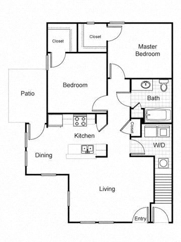 A black and white floor plan of a house with a master bedroom, two closets, a bath, a kitchen, a dining area, a living room, and a patio.