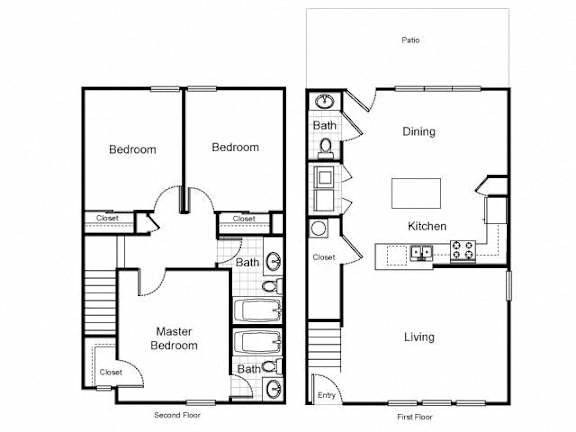 A black and white image of a two-story house floor plan.