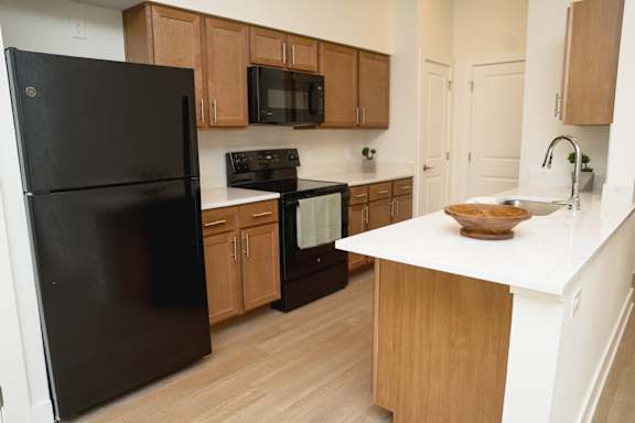 A black refrigerator is in a kitchen with wooden cabinets and a white counter.