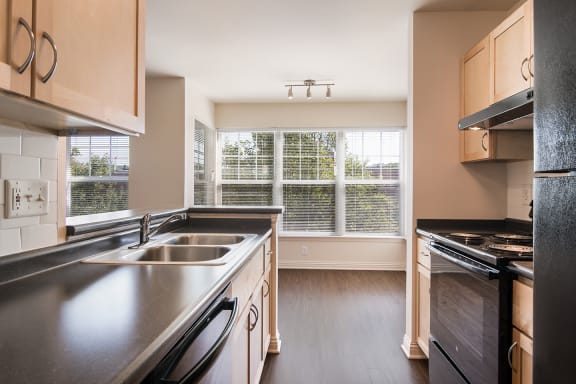 an empty kitchen with a double-basin sink and a window at Crawford Square Apartments & Townhomes