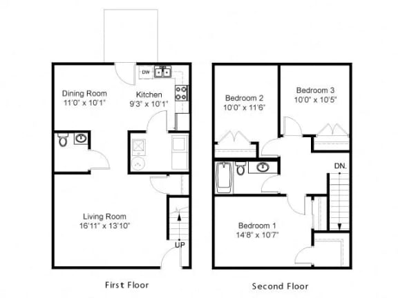Three bedroom floorplan of Duneland Village Townhouse with 1.5 bathrooms