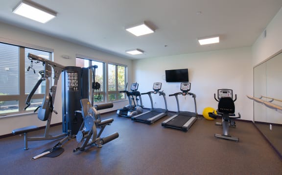 a gym with cardio machines and weights and a tv at Cornerstone Village apartments & townhomes