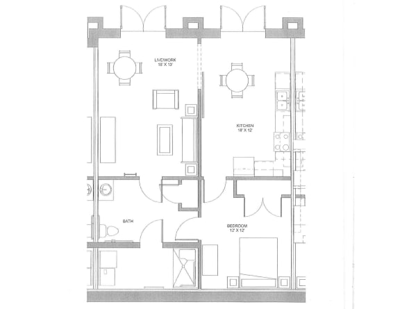 Live Work 2D Floorplan 1 Bedroom 1 Bath -The Lofts at Southside, Durham, NC
