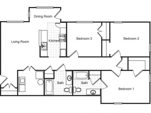 Three bedroom with two and a half bathroom apartment floorplan at Metropolitan Village and Cumberland Manor Apartments