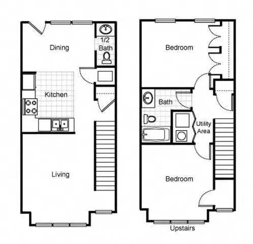 A floor plan of a two-bedroom apartment with a living room, kitchen, and dining area.