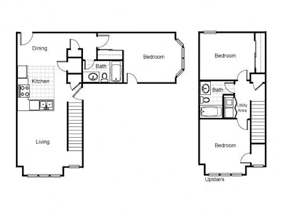 A floor plan of a house with two bedrooms, a living room, a kitchen, and a bathroom.