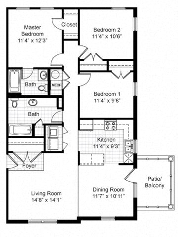 3 Bedroom 2 Bath Garden 2D Floorplan-Renaissance Place at Grand Apartments, St. Louis, MO