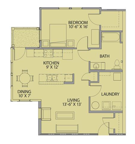 1 Bedroom 1 Bathroom-2D Floorplan-The Lofts at Southside, Durham, NC