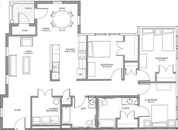 3 Bedroom 2 Bathroom-2D Floorplan-The Lofts at Southside, Durham, NC