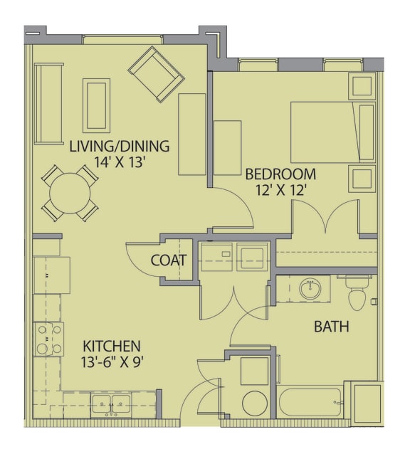 1 Bedroom 1 Bathroom-2D Floorplan-The Lofts at Southside, Durham, NC