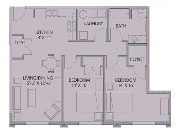 2 Bedroom 1 Bathroom-2D Floorplan-The Lofts at Southside, Durham, NC